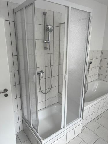 a shower with a glass door in a bathroom at Gästehaus Graupner-Hainichen in Hainichen
