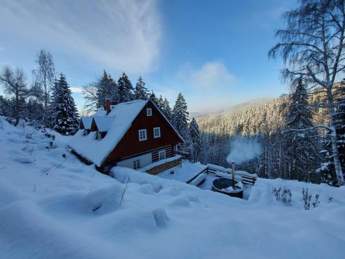a red house in the snow with trees at Kajzrovka in Rokytnice nad Jizerou