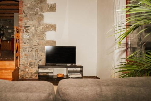 a living room with a tv and a couch at Holiday Home GaMaJaMa in Dobravlje