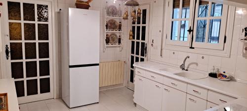 eine Küche mit einem weißen Kühlschrank und einer Spüle in der Unterkunft Casa del Pintor Antonio Mesa in Mombeltrán