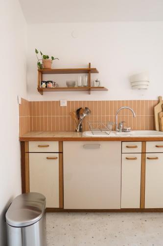 une cuisine avec un évier et un comptoir dans l'établissement Chez Mamama, gîte cosy sur la route des vins, à Dambach-la-Ville