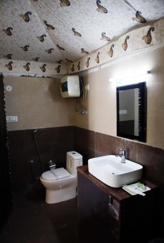 a bathroom with a sink and a toilet and a mirror at Virat Resorts, Sariska Rajasthan in Bairāt