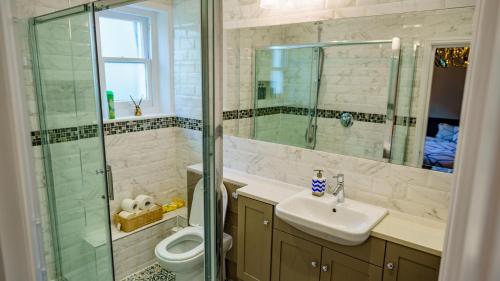 a bathroom with a shower and a sink and a toilet at Stylish One Bedroom Flat in Kensingston London in London