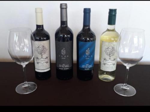 a group of wine bottles and wine glasses on a table at Cabaña Abra del Monte Monohambiente in Cachí
