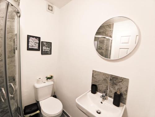 un bagno con un water, un lavandino e uno specchio di A&A Luxury Stay Olive St - City Centre Premium Stays a Sunderland