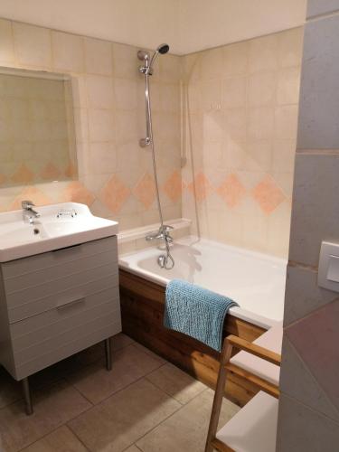 une salle de bain avec une baignoire et un lavabo et une baignoire dans l'établissement Chalet Regina, à Lanslebourg-Mont-Cenis