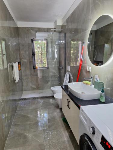 uma casa de banho com um lavatório, um WC e um espelho. em Ergi's Host Apartment em Krujë