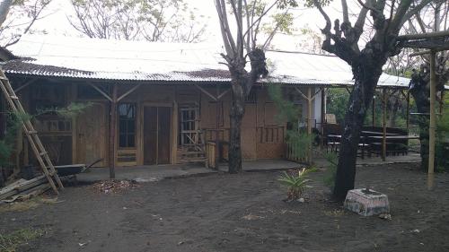Cabaña de madera con porche y 2 árboles en Omah mak isun pulau santen, en Banyuwangi