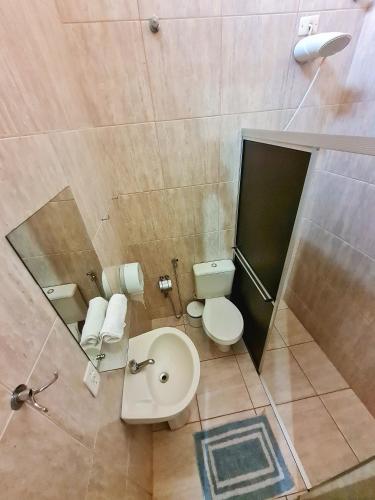 a bathroom with a toilet and a sink and a mirror at POUSADA POR DO SOL in Olímpia