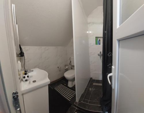 Amar Apartmani,, في Živinice: حمام صغير مع مرحاض ومغسلة