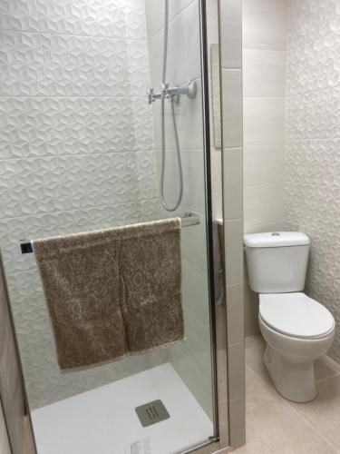 ein Bad mit einem WC und einer Glasdusche in der Unterkunft MAR i MONTAÑA en Cullera Villa Juani in Cullera