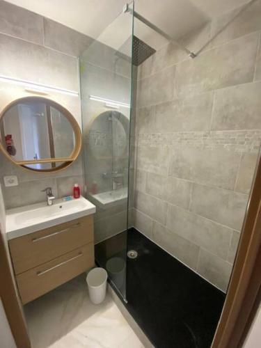 une salle de bain avec une douche, un lavabo et un miroir dans l'établissement Appartement moderne vue sur étang et montagne, au Barcarès