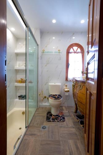 a bathroom with a glass shower and a toilet at Archontiko Alexandros Luxury Suites in Kardiá