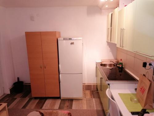 eine Küche mit einem weißen Kühlschrank und einem Holzschrank in der Unterkunft Apartmani Milica in Banja Luka