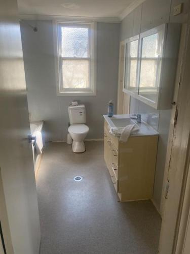 a bathroom with a toilet and a sink and a window at Golden Street Cottage in West Wyalong