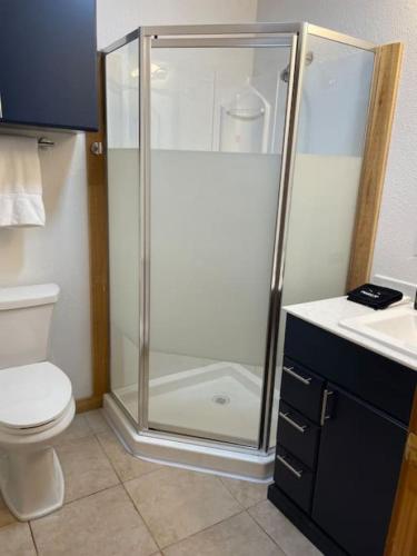 een badkamer met een douche, een toilet en een wastafel bij Bixby Cove Cabin #2 in Porum