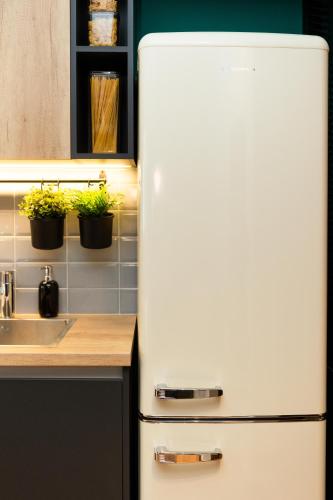 a white refrigerator in a kitchen with plants at Valaoritou 3 Luxury Rooms in Thessaloniki