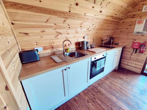 una cocina en una cabaña de madera con fregadero en Saints' Meadow, en Crich