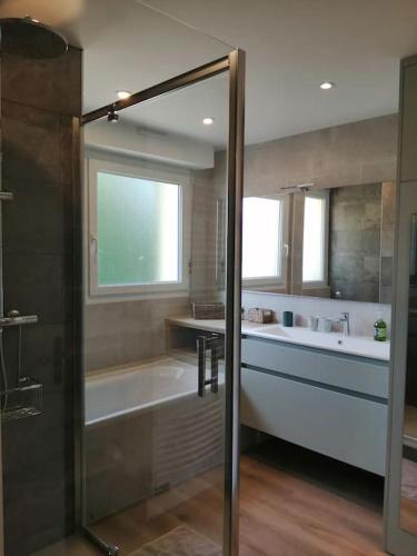 une salle de bain avec une baignoire et un lavabo dans l'établissement Appartement aux Portes de St Goustan, à Auray