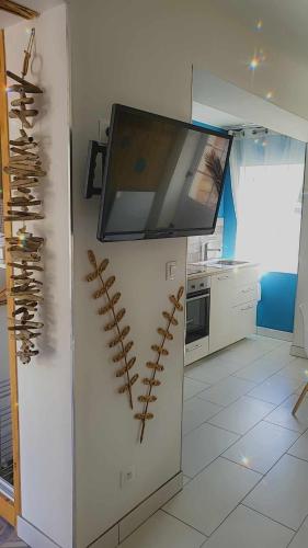 a kitchen with a wall with a tv on it at gîte de charèze in Seigy