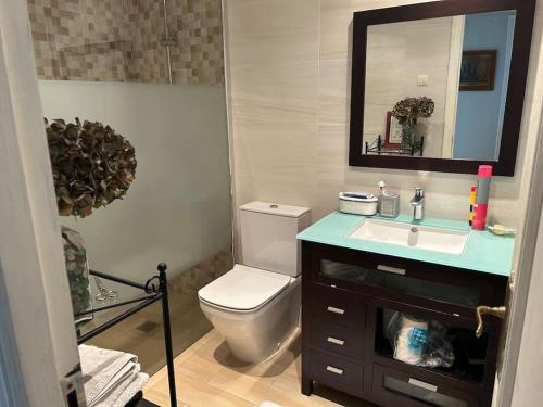 a bathroom with a toilet and a sink and a mirror at La ventana al mar in Luanco