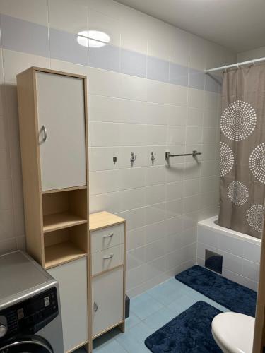 e bagno con specchio, lavandino e vasca. di Pia Apartment -SelfCheckIn-free parking a Zagabria