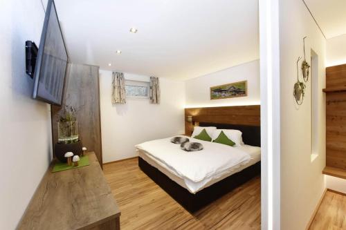 a bedroom with a bed and a flat screen tv at Ferienwohnung Saxenhammer in Vandans