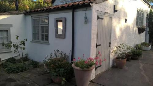 a white house with potted plants in front of it at The Garden Room in Dundon