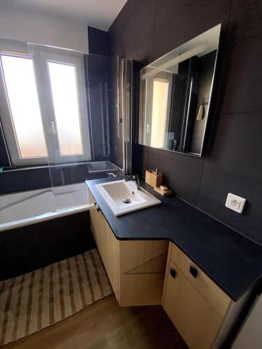 une salle de bain avec un lavabo et un miroir dans l'établissement l'emplacement idéal-Free parking à 5mn du centre, à Wintzenheim