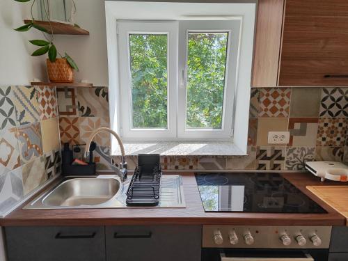 eine Küche mit einem Waschbecken und zwei Fenstern in der Unterkunft Una in Krasica