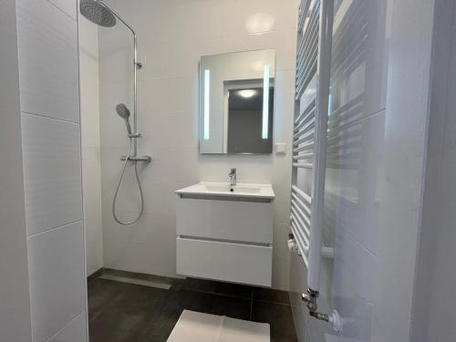 a white bathroom with a sink and a shower at The Residence Apeldoorn in Apeldoorn