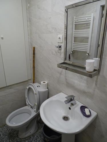 een badkamer met een wastafel, een toilet en een spiegel bij Vake Super Quiet and Comfy Apartment with a Yard in Tbilisi City