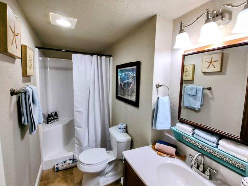 a bathroom with a toilet and a sink and a mirror at Escape to Clearwater - Couples or families in Hot Springs