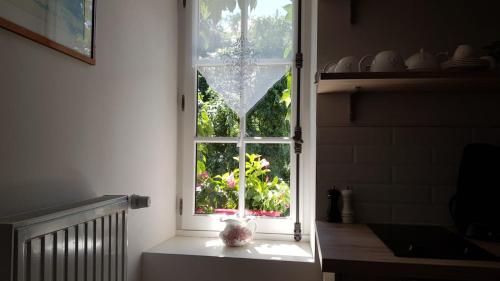 a window with a vase on a table in front of it at Villa Mary in Amboise