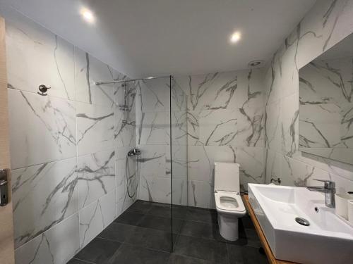 a bathroom with a sink and a shower and a toilet at Avli Luxury Apartment in Ierissos