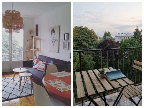 un soggiorno e un balcone con divano e tavolo. di Terrasse+parking 3 BR6P-Paris near stade de France a Saint-Denis