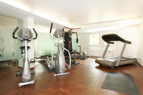 a gym with exercise bikes and tread machines in a room at Romantik Hotel Johanniter-Kreuz in Überlingen