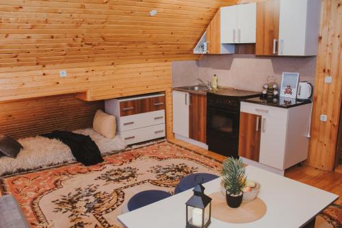 Cabaña de madera con cocina y sala de estar. en Guest house SAMM, en Šišava