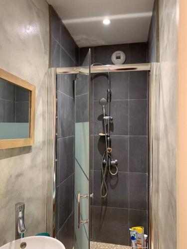 une douche avec une porte vitrée dans une salle de bain dans l'établissement Maison Serpolette - maison entiere, à Trouville-sur-Mer