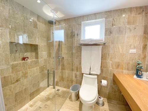 a bathroom with a toilet and a glass shower at Xeliter Green One Playa Dorada in San Felipe de Puerto Plata