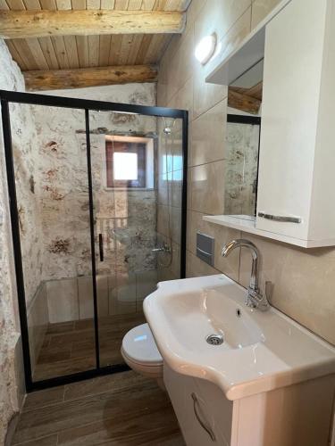 a bathroom with a shower and a sink and a toilet at Stone house with private infinity pool in Sarılar