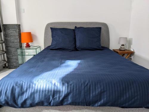 ein Bett mit blauer Decke in einem Schlafzimmer in der Unterkunft Retraite Tropicale à Marseille in Marseille