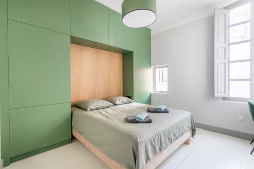 - une chambre dotée d'un lit avec un mur vert dans l'établissement Magnifique appartement centre historique, à Aix-en-Provence