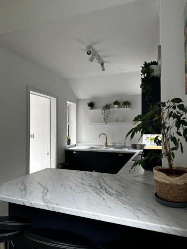 a kitchen with a marble counter top and a sink at Flat 2 The Butlers Quarters in Oswestry