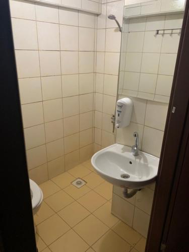 La salle de bains est pourvue d'un lavabo et de toilettes. dans l'établissement Altunlar apart 1, à Altındağ