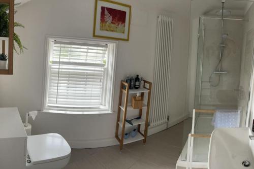 a bathroom with a shower and a toilet and a window at Rooms@ Remedy 2 bedroom (sleeps 5) apartment in Crossens