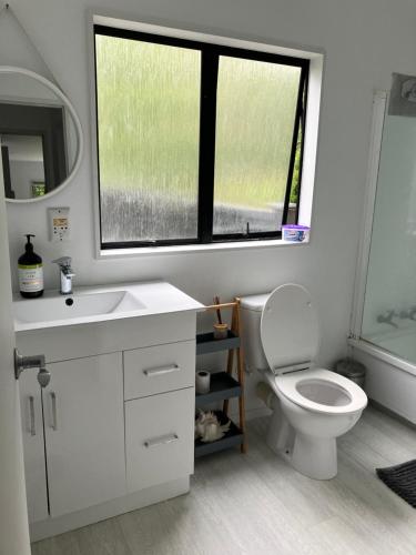 łazienka z toaletą, umywalką i oknem w obiekcie Kiwi Hosts w Auckland
