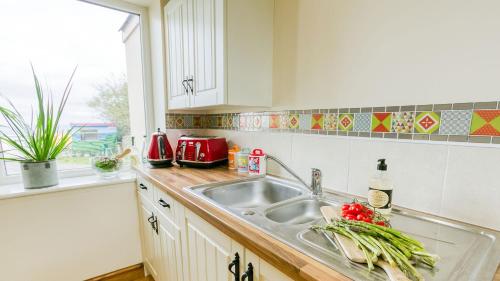 a kitchen with a sink and a window at Y Beudy in Llanrhwydrys