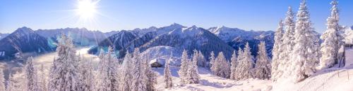 a snow covered mountain with trees and the sun at Apartments Haufhof , Haus im Ennstal bei Schladming in Haus im Ennstal