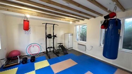 een fitnessruimte met een bokszak in een kamer bij North London A spacious 7 bedroom house accommodating up to 18 people complete with own gym and table tennis in Londen